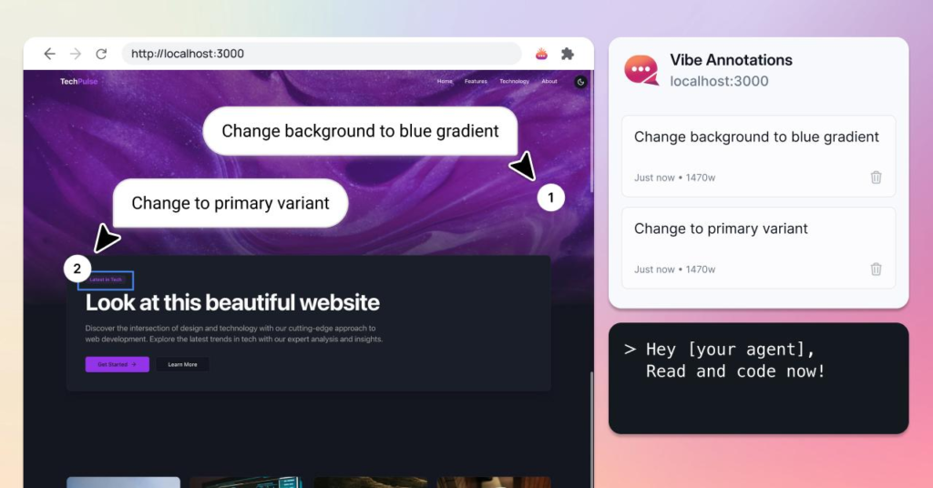 Tangkapan layar antarmuka peramban yang menampilkan situs web lokal (localhost:3000) dengan dua pin anotasi komentar "Vibe Annotations" bernomor 1 dan 2