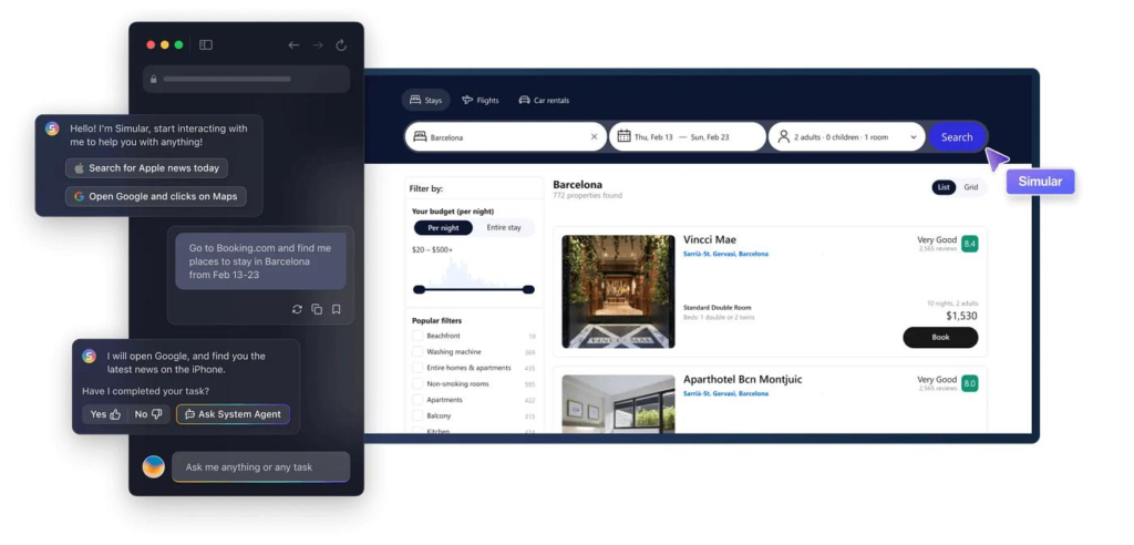 Tangkapan layar antarmuka asisten AI "Simular" di sebelah jendela browser yang sedang mencari akomodasi hotel di Barcelona.