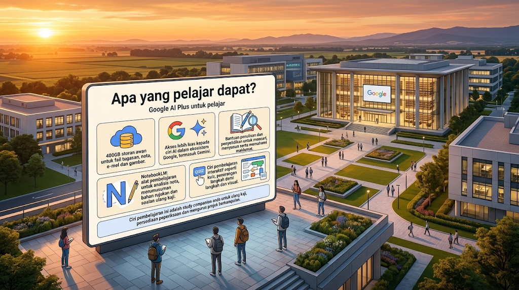 Sebuah papan tanda digital gergasi di kampus universiti memaparkan maklumat faedah "Google AI Plus untuk pelajar" semasa matahari terbenam.