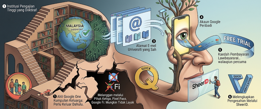 Ilustrasi surrealis yang menjelaskan 6 langkah dan syarat kelayakan pendaftaran pelan pelajar Google One di Malaysia.