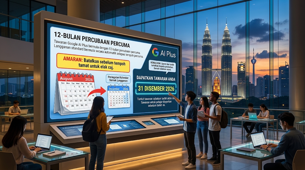 Paparan skrin gergasi di dalam bilik belajar moden memaparkan promosi percubaan 12 bulan Google AI Plus berlatarbelakangkan pemandangan Menara Kembar Petronas (KLCC).