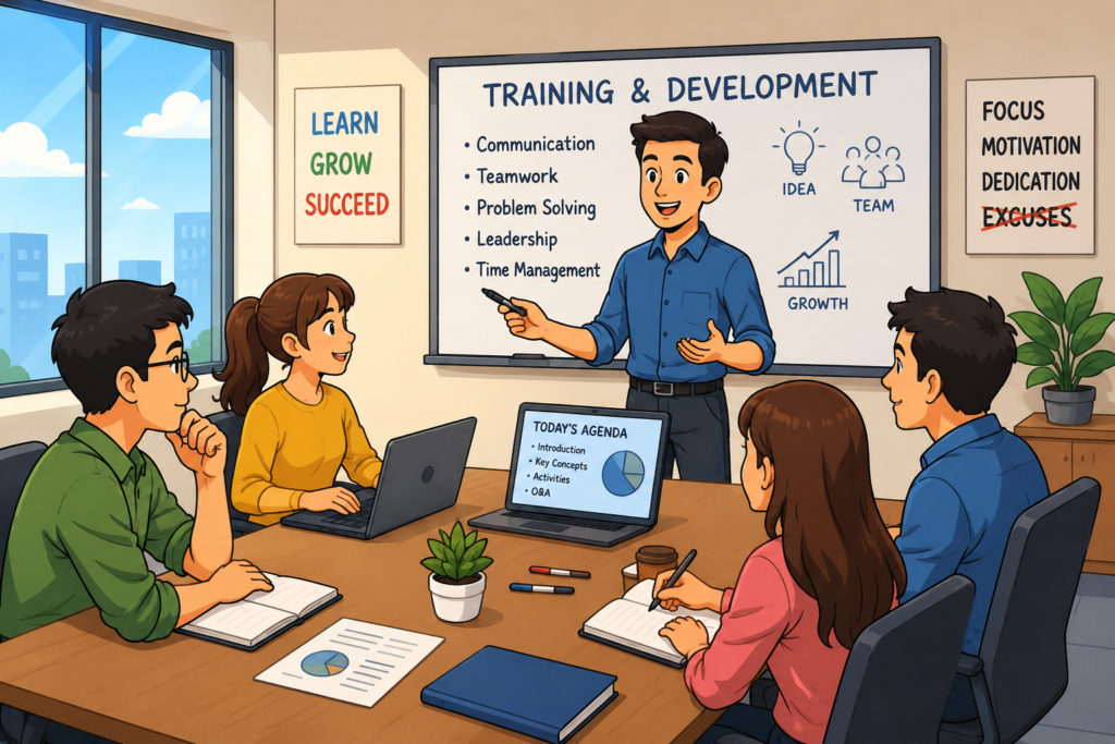 An active employee training and professional development workshop in a corporate setting.