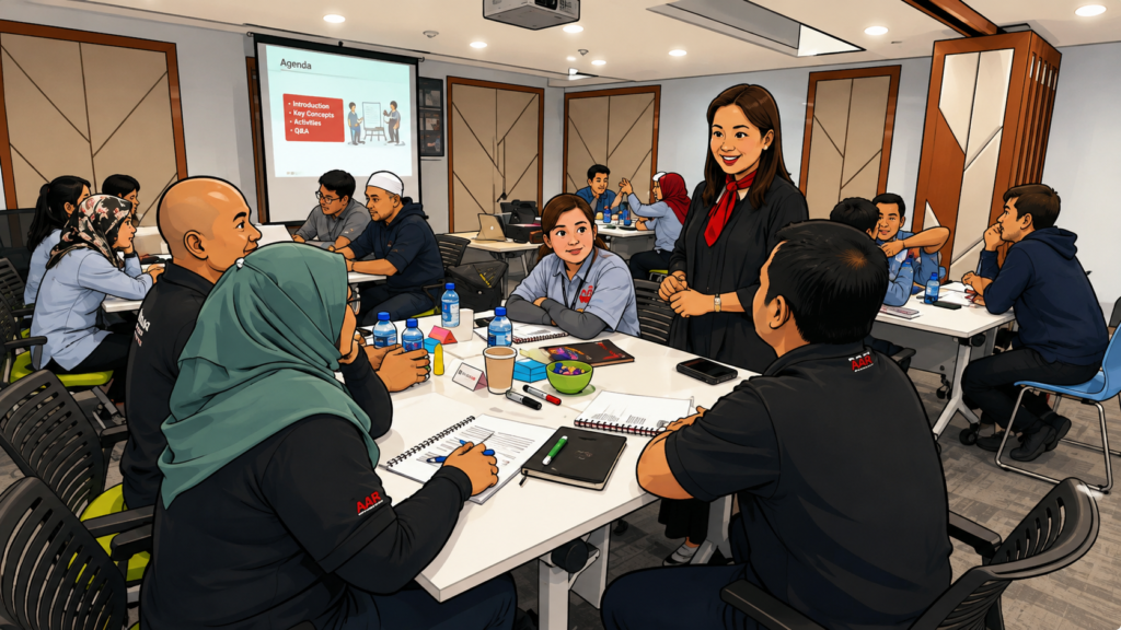 A female trainer in a black blazer standing and facilitating a discussion with workshop participants seated at round tables.
