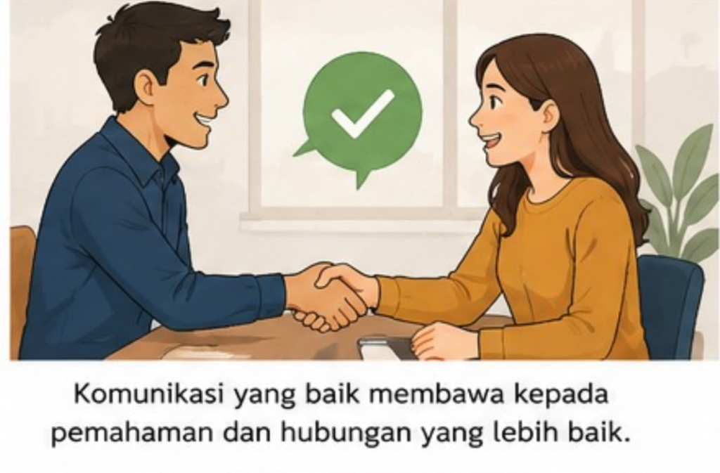 komunikasi positif menunjukkan dua individu mencapai kesepakatan dan membina hubungan baik melalui perbincangan.