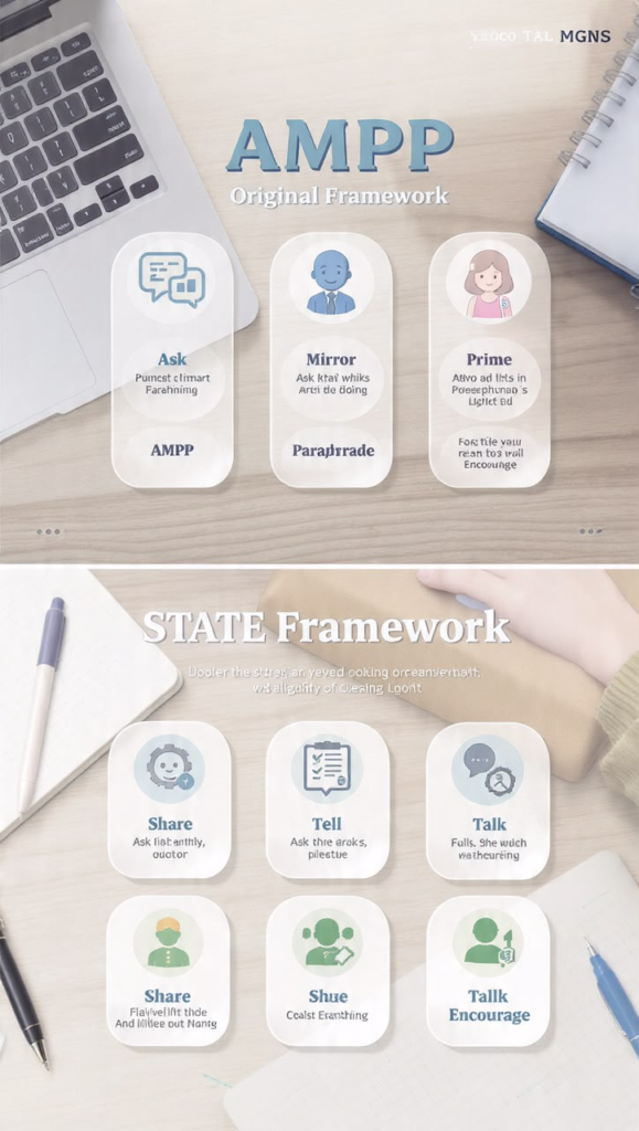 menjelaskan Rangka Kerja STATE (STATE Framework) yang merangkumi langkah-langkah komunikasi efektif seperti Share, Tell, Talk, dan Encourage.