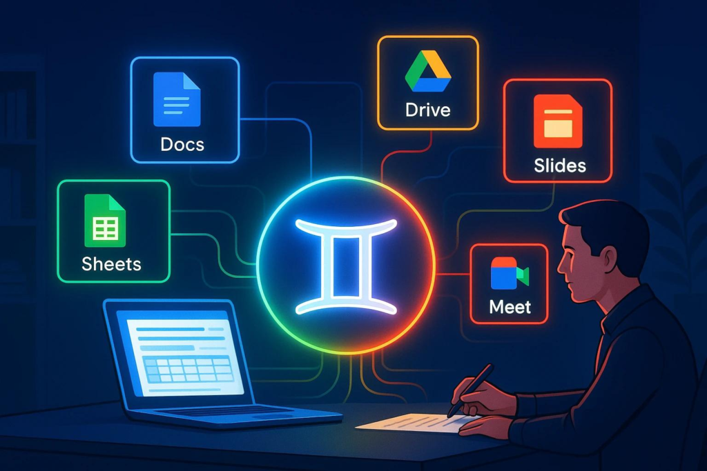 An illustration of a person sitting at a desk with a laptop, connected via a glowing Gemini logo to various Google Workspace apps including Docs, Sheets, Drive, Slides, and Meet.