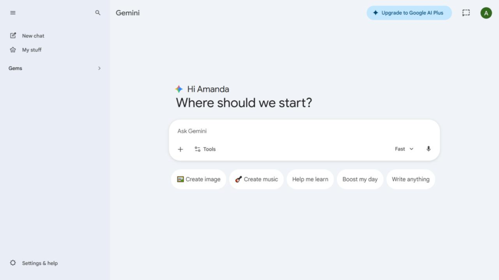 A screenshot of the Google Gemini web interface welcoming a user named Amanda with a prompt bar and suggestion chips.