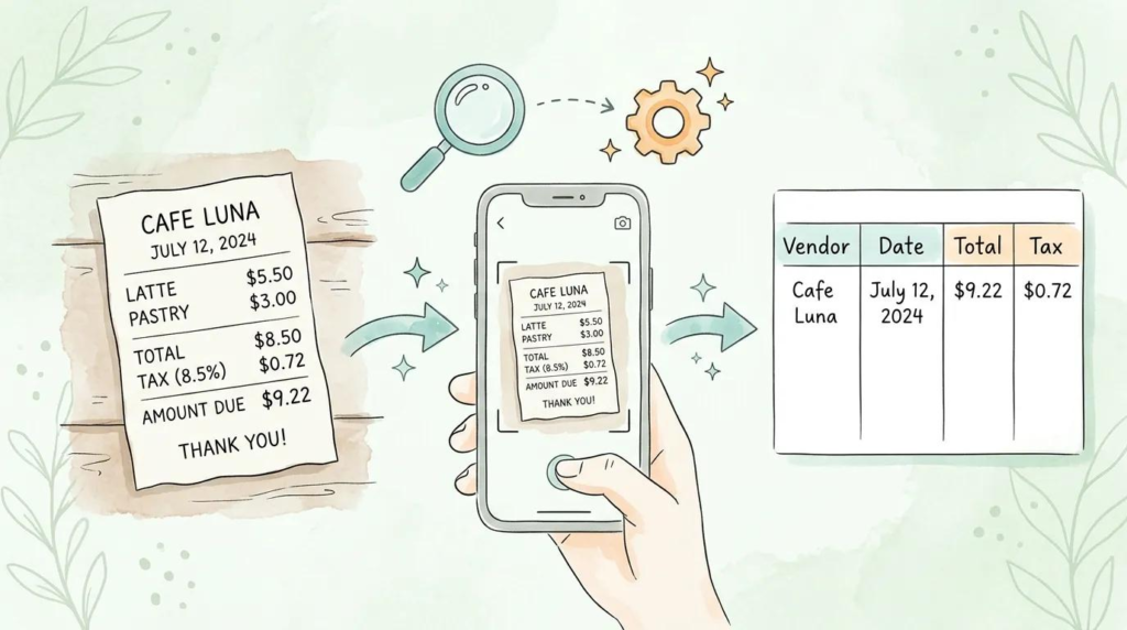 An illustration showing a paper receipt from Cafe Luna being scanned by a smartphone app and automatically organized into a spreadsheet.