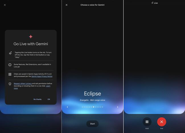 A three-panel mobile screenshot showing the setup and active screens for Gemini Live, including the introductory prompt, voice selection options, and the active session interface.