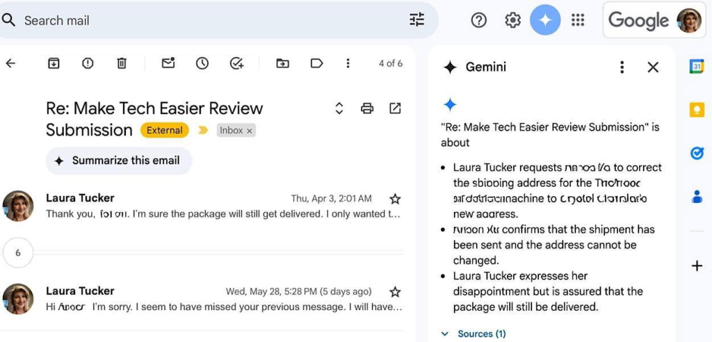 A screenshot of Gmail showing an email thread with a Gemini side panel summarizing the conversation.
