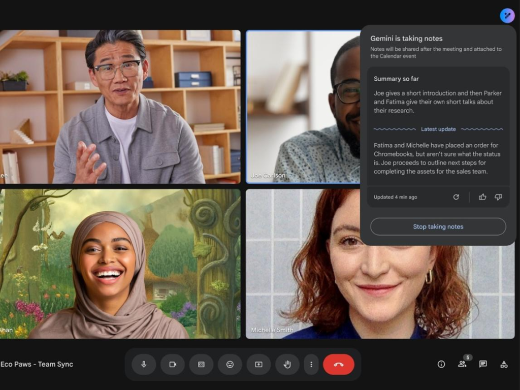 A screenshot of a Google Meet video call with four participants, featuring a 'Gemini is taking notes' panel on the right side.