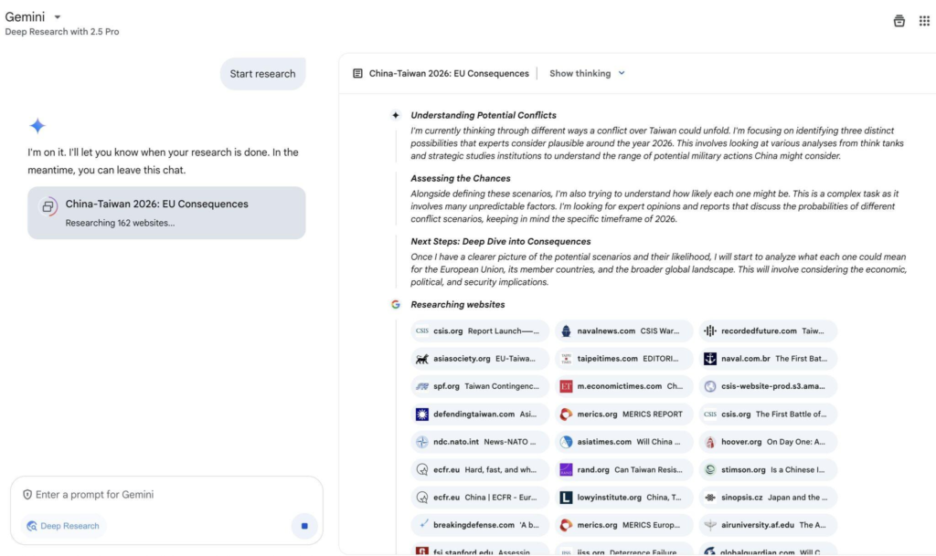 A screenshot of Gemini Advanced using Deep Research, showing a completed report titled 'AI's Role in Future Research' along with a list of 56 researched websites.