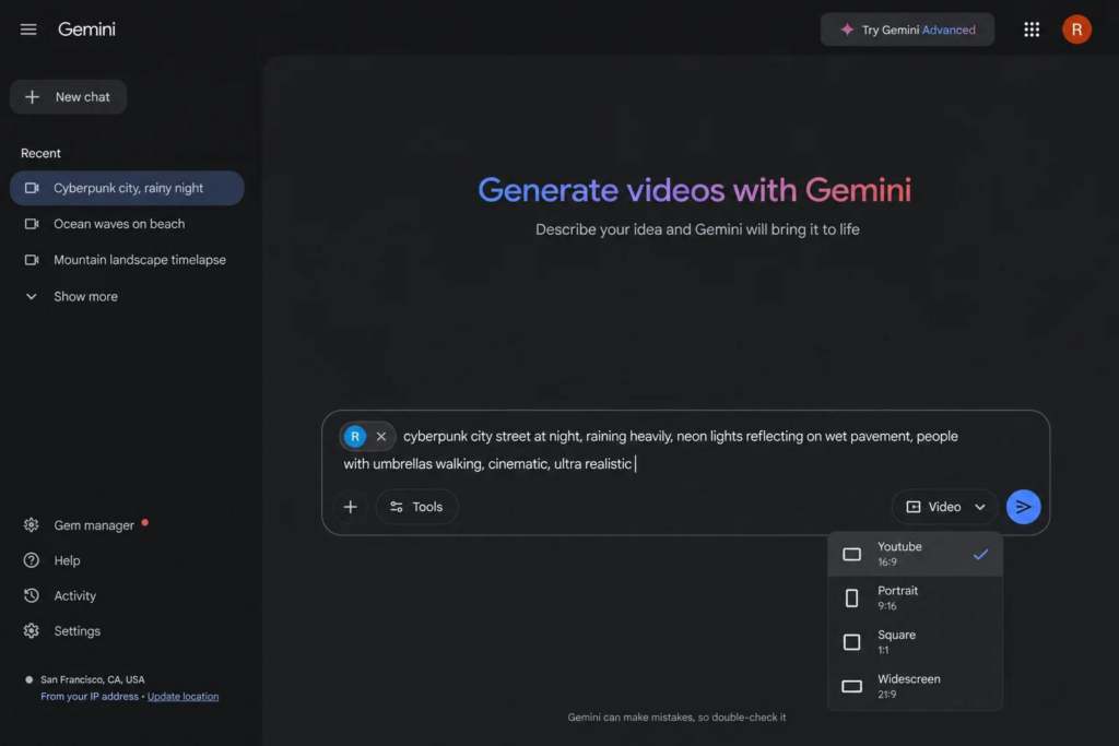 A screenshot of the Gemini web interface featuring a video generation prompt with format options like Youtube, Portrait, Square, and Widescreen.
