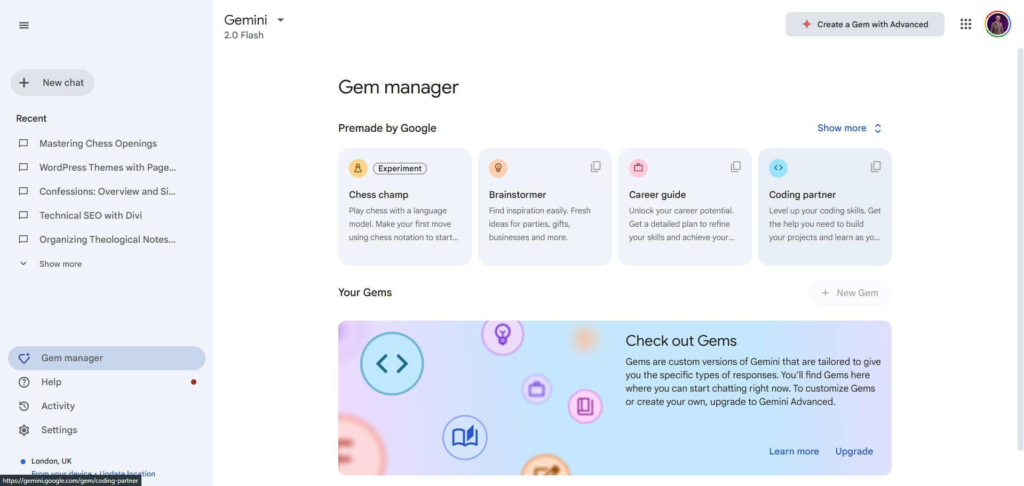 A screenshot of the Gemini Gem manager interface showing premade Google Gems like Chess champ, Brainstormer, Career guide, and Coding partner.