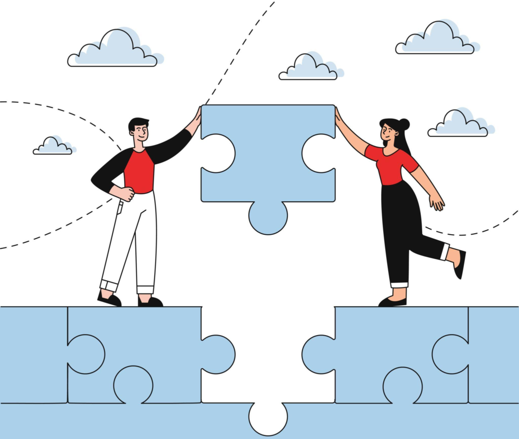 dua orang kartun (seorang lelaki dan wanita) sedang bekerjasama memasang kepingan 'puzzle' gergasi untuk menghubungkan dua platform.