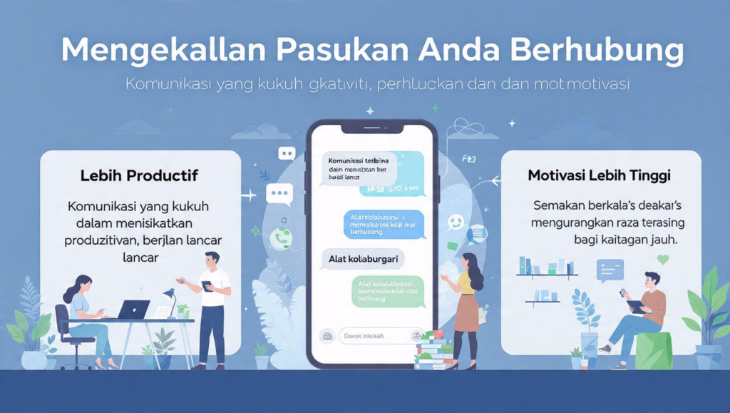 Infografik berlatar belakang biru bertajuk "Mengekalkan Pasukan Anda Berhubung" yang memaparkan telefon pintar di tengah dengan aplikasi mesej, serta dua bahagian utama: "Lebih Productif" di sebelah kiri dan "Motivasi Lebih Tinggi" di sebelah kanan.