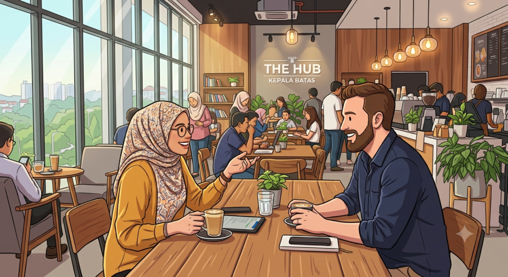 dua orang lelaki dan wanita berhijab sedang bersembang mesra sambil menikmati kopi di dalam kafe.