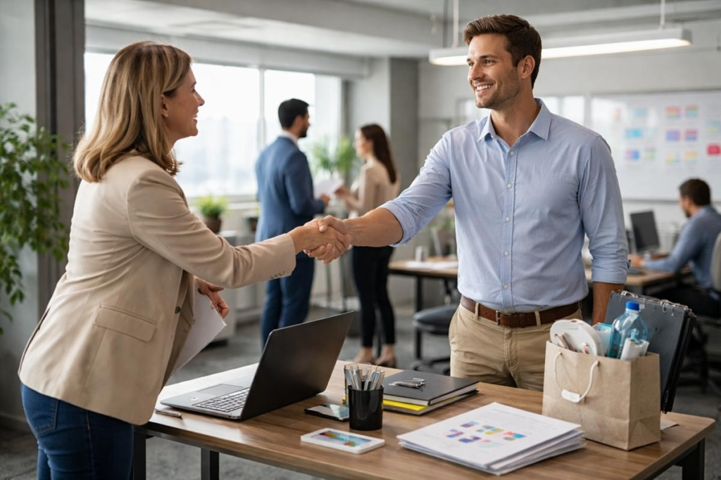 A female manager shaking hands with a new employee across an office desk during an onboarding session.