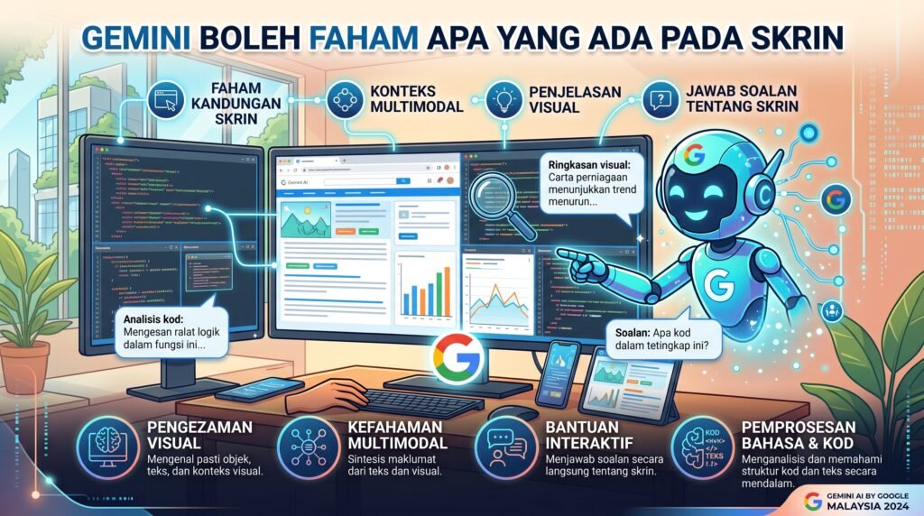 Infografik bertajuk "GEMINI BOLEH FAHAM APA YANG ADA PADA SKRIN" yang memaparkan maskot robot Gemini di hadapan skrin monitor. Gambar ini menerangkan keupayaan AI Gemini seperti analisis kod, ringkasan visual, jawapan soalan interaktif, serta pemprosesan bahasa dan kod secara menyeluruh.