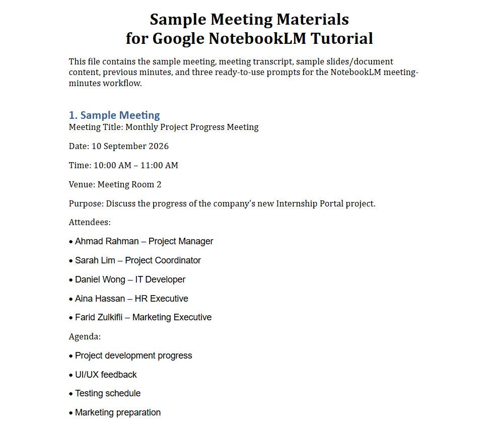 Tangkapan skrin dokumen teks yang memaparkan draf kandungan slaid mesyuarat bertajuk "Sample Meeting Slides", merangkumi gambaran keseluruhan projek portal latihan industri, ciri-ciri yang telah disiapkan, serta isu semasa.