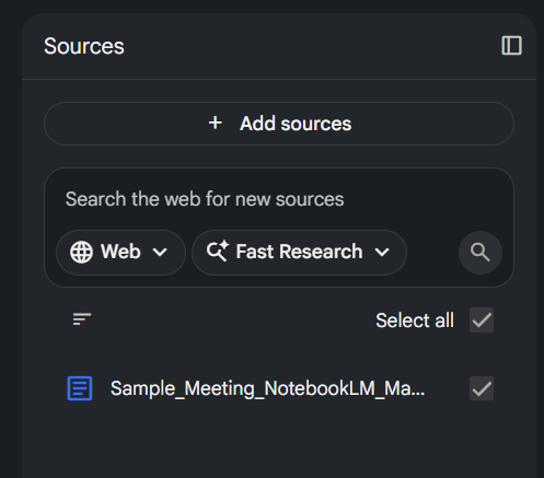 Tangkapan skrin panel "Sources" dalam antara muka NotebookLM yang menunjukkan butang tambah sumber, kotak carian web, dan senarai fail rujukan yang dimuat naik dengan nama "Sample_Meeting_NotebookLM_Ma...".