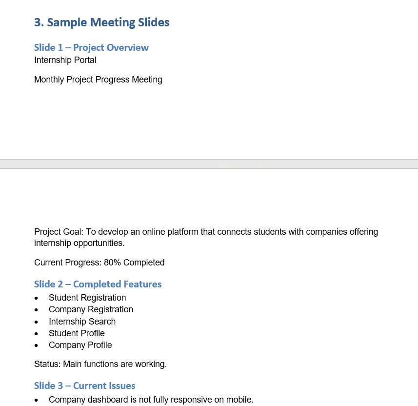 Tangkapan skrin dokumen teks yang memaparkan draf kandungan slaid mesyuarat bertajuk "Sample Meeting Slides", merangkumi gambaran keseluruhan projek portal latihan industri, ciri-ciri yang telah disiapkan, serta isu semasa
