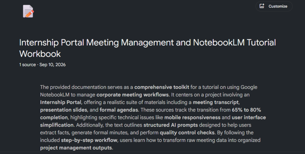 Tangkapan skrin paparan antara muka NotebookLM bertajuk "Internship Portal Meeting Management and NotebookLM Tutorial Workbook" yang mengandungi ringkasan dokumen bertarikh 10 September 2026 berkaitan penggunaan AI untuk pengurusan mesyuarat dan kemajuan projek.