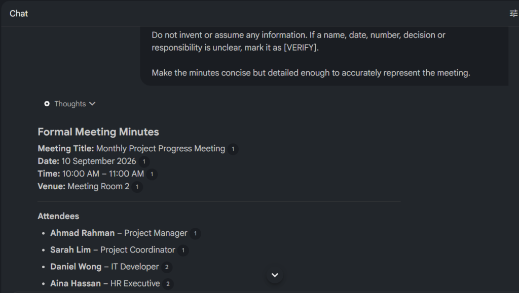 Tangkapan skrin antara muka ruang sembang AI yang memaparkan draf "Formal Meeting Minutes" bagi "Monthly Project Progress Meeting", lengkap dengan tarikh, masa, lokasi, dan senarai kehadiran berserta sitasi sumber.