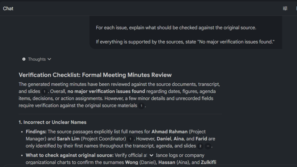 Tangkapan skrin antara muka ruang sembang AI yang memaparkan draf "Formal Meeting Minutes" bagi "Monthly Project Progress Meeting", lengkap dengan tarikh, masa, lokasi, dan senarai kehadiran berserta sitasi sumber.