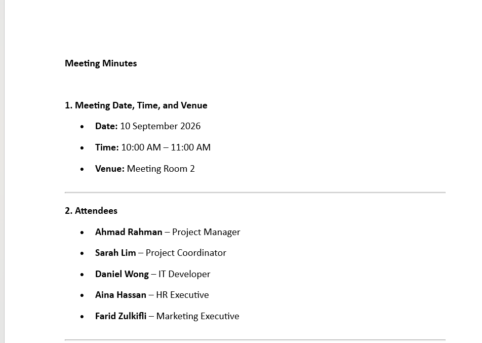Tangkapan skrin dokumen minit mesyuarat bertajuk "Meeting Minutes" yang mengandungi maklumat tarikh, masa, lokasi, serta senarai kehadiran peserta.
