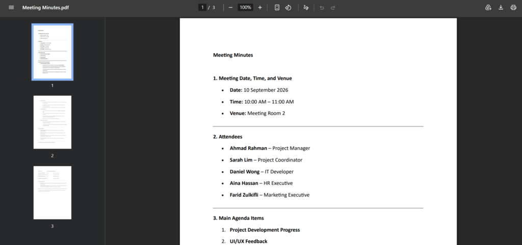 Tangkapan skrin pembuka dokumen PDF bertajuk "Meeting Minutes.pdf" dalam paparan pengamat PDF, menayangkan halaman 1 daripada 3 yang mengandungi maklumat tarikh, lokasi, senarai peserta, dan item agenda utama mesyuarat.