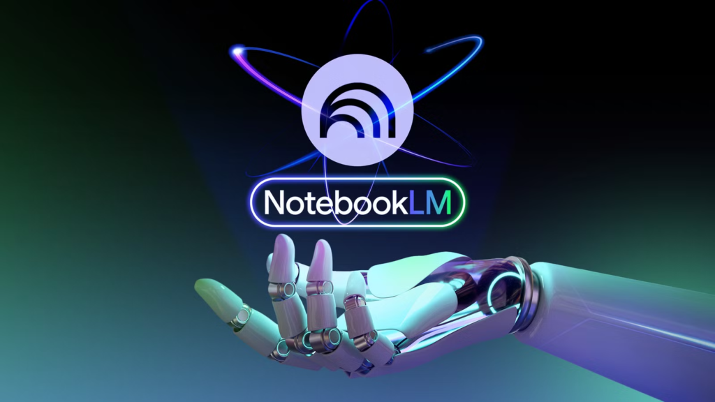Tangan robotik memegang logo dan teks "NotebookLM" yang dikelilingi gelung orbit bercahaya dalam latar belakang gelap.