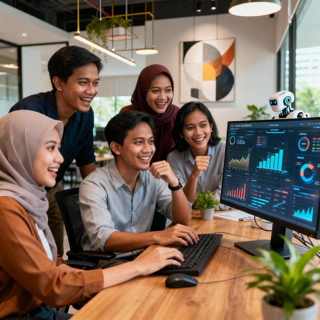 Sekumpulan lima profesional muda tersenyum gembira melihat papan pemuka (dashboard) data analitik pada skrin komputer di pejabat moden bersama sebuah robot AI kecil.
