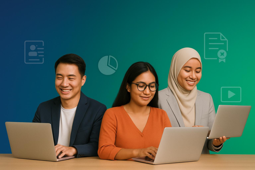 Tiga profesional muda daripada pelbagai latar belakang tersenyum sambil bekerja menggunakan komputer pekena (laptop) berlatarbelakangkan dwi-warna biru dan hijau.
