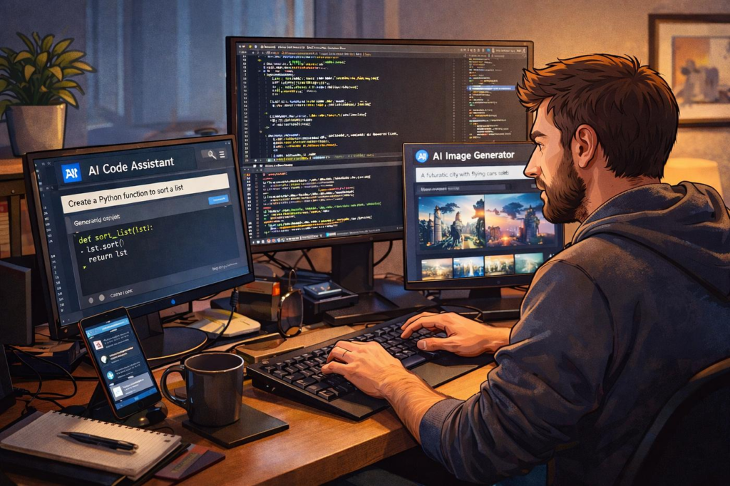 Ilustrasi pengatur cara lelaki bekerja di meja komputer berbilang skrin yang memaparkan alatan AI seperti "AI Code Assistant" dan "AI Image Generator".