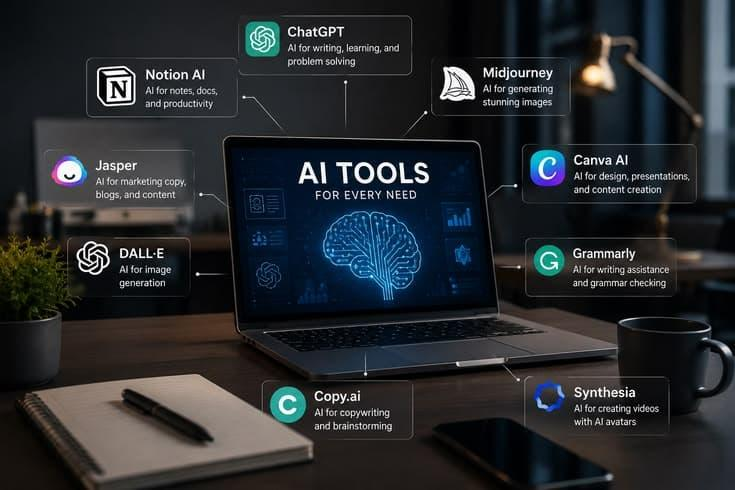 Infografik pada skrin laptop yang menampilkan tajuk "AI TOOLS FOR EVERY NEED" bersama pelbagai alatan AI popular seperti ChatGPT, Midjourney, Canva AI, dan Grammarly.