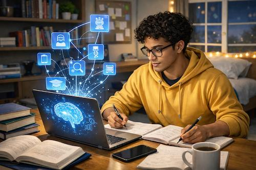 Ilustrasi seorang pelajar lelaki bercermin mata dan berhoodie kuning sedang tekun belajar menggunakan laptop yang memaparkan grafik AI bercahaya biru serta rangkaian ikon aplikasi digital.