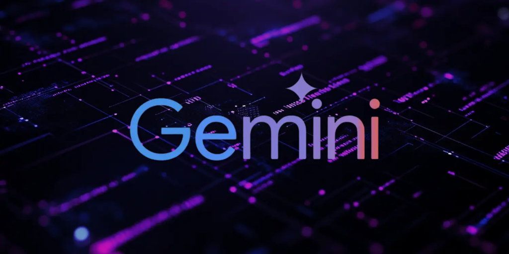 Logo "Gemini" berwarna biru dan ungu bergradien dengan ikon bintang berkilau di atas huruf "i", berlatar belakangkan corak digital futuristik ungu.