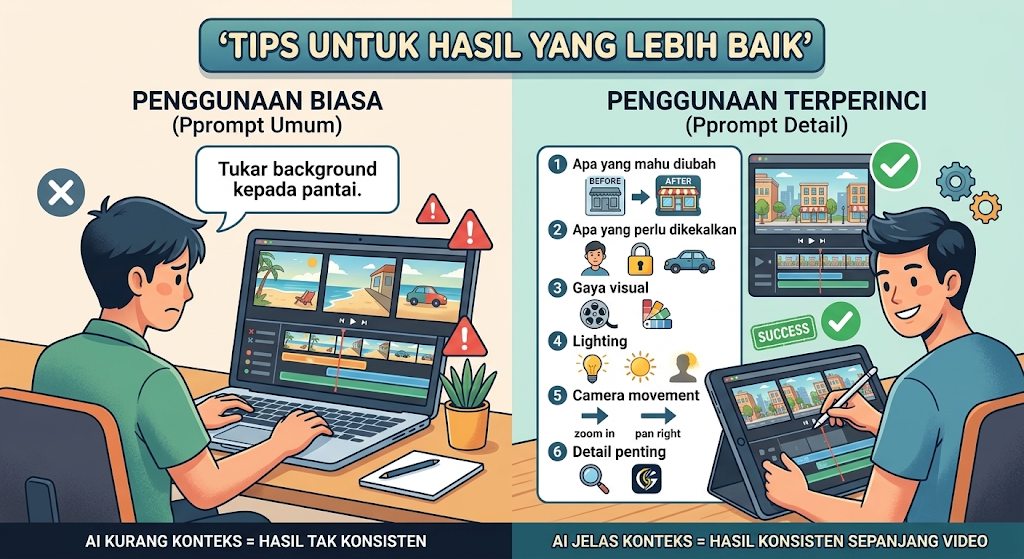 Infografik perbandingan arahan AI: Prompt umum berbanding prompt terperinci. Arahan terperinci merangkumi elemen seperti ubah suai, kekalkan objek, gaya visual, pencahayaan, pergerakan kamera, dan perincian untuk hasil video yang konsisten.