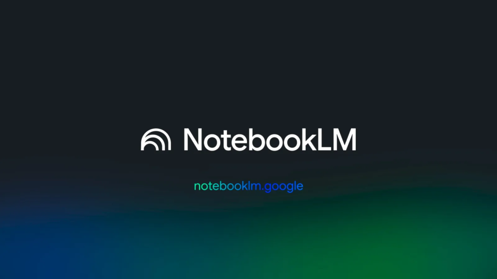 Logo NotebookLM berwarna putih bersama teks "NotebookLM" dan pautan laman web "notebooklm.google" di atas latar belakang gelap bercorak gradien biru dan hijau.