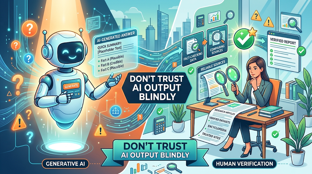 Ilustrasi infografik dengan mesej "DON'T TRUST AI OUTPUT BLINDLY", membahagikan dua bahagian antara penjanaan AI (Generative AI) di sebelah kiri dan pengesahan manusia (Human Verification) di sebelah kanan menerusi semakan fakta dan rujukan sumber sahih.