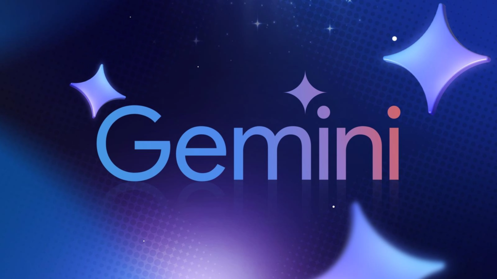 Teks "Gemini" dengan kecerunan warna biru ke merah jambu, dikelilingi simbol kilauan bertiup di latar belakang biru gelap berestetik digital.