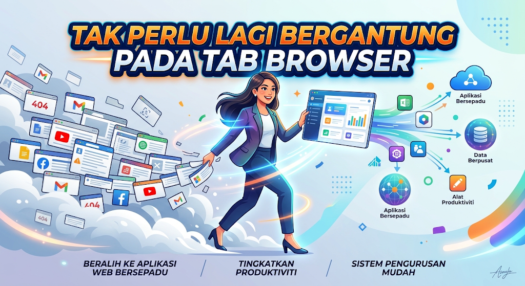 Ilustrasi seorang wanita profesional berlari meninggalkan timbunan tab pelayar web yang berserabut menuju ke sistem papan pemuka digital yang tersusun, lengkap dengan teks utama "TAK PERLU LAGI BERGANTUNG PADA TAB BROWSER".