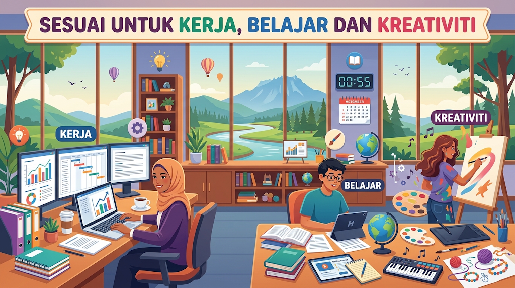 Ilustrasi bertajuk "SESUAI UNTUK KERJA, BELAJAR DAN KREATIVITI" yang memaparkan tiga zon aktiviti: seorang wanita berhijab bekerja dengan berbilang skrin, seorang lelaki sedang belajar dengan komputer pekena dan buku, serta seorang wanita melukis di kanvas.