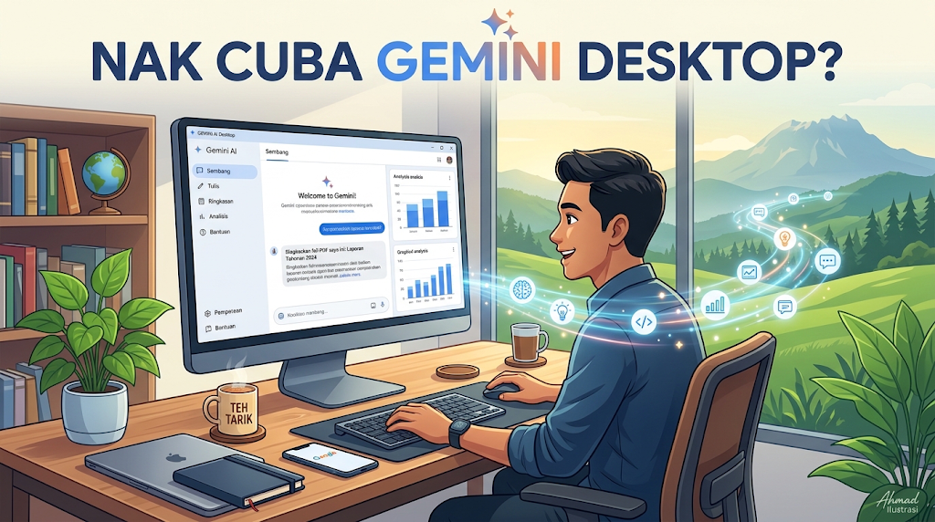 Ilustrasi bertajuk "NAK CUBA GEMINI DESKTOP?" yang memaparkan seorang lelaki duduk di meja kerja berhadapan komputer meja yang menjalankan aplikasi Gemini AI Desktop, berlatar belakangkan pemandangan gunung.