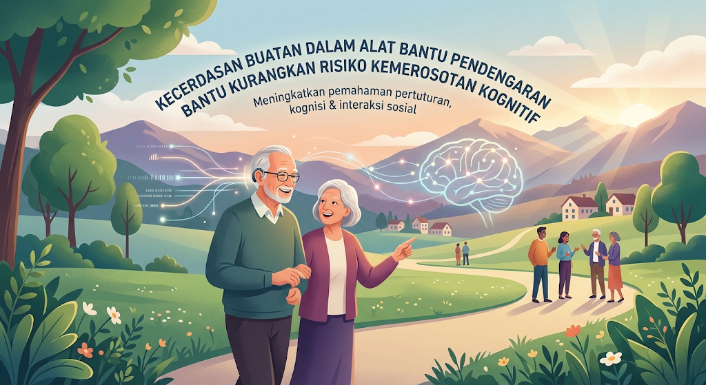 Ilustrasi grafik menunjukkan sepasang warga emas berjalan di kawasan perkampungan dengan teks "Kecerdasan Buatan Dalam Alat Bantu Pendengaran Bantu Kurangkan Risiko Kemerosotan Kognitif".