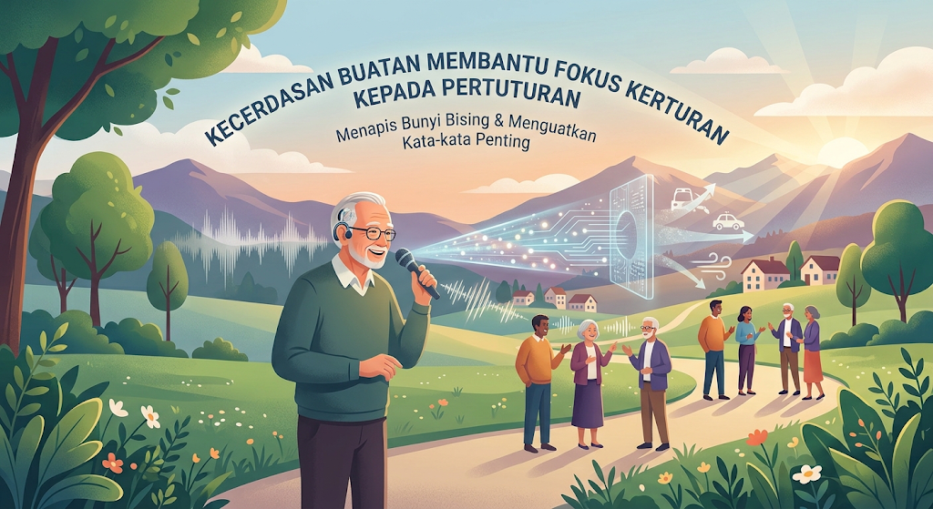 Ilustrasi seorang lelaki warga emas memegang mikrofon dengan gelombang bunyi dan penapis digital AI, diiringi teks "Kecerdasan Buatan Membantu Fokus Kepada Pertuturan".