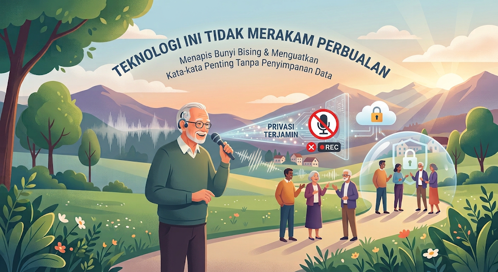 Ilustrasi warga emas menggunakan alat bantu pendengaran dengan ikon keselamatan data bertulis "Teknologi Ini Tidak Merakam Perbualan".