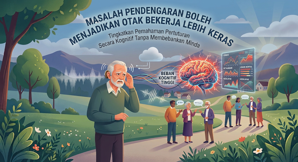 Ilustrasi warga emas memegang telinga akibat kesukaran mendengar dengan visual otak yang mengalami beban kognitif tinggi dan teks "Masalah Pendengaran Boleh Menjadikan Otak Bekerja Lebih Keras".