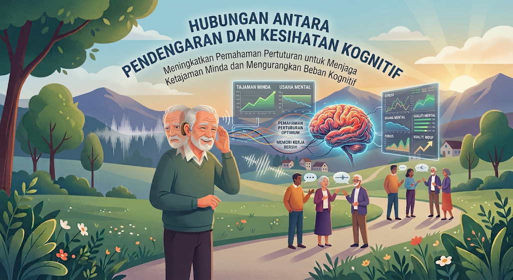 Ilustrasi perbandingan warga emas sebelum dan selepas menggunakan alat bantu pendengaran dengan carta tajaman minda serta teks "Hubungan Antara Pendengaran Dan Kesihatan Kognitif"
